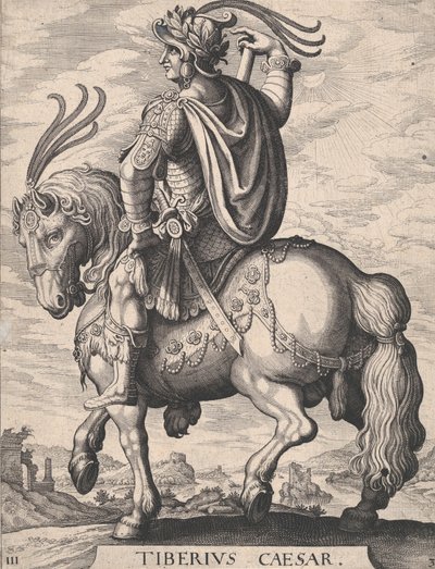 Placa 3: Imperador Tibério a Cavalo, de "Os Doze Primeiros Césares Romanos", depois de Te..., 1610-50. de Matthaus Merian