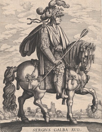 Placa 7: Imperador Galba a Cavalo, de "Os Doze Primeiros Césares Romanos" depois de Tempes..., 1610-50. de Matthaus Merian