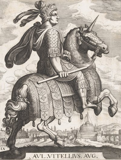 Placa 9: Imperador Vitellius a Cavalo, de "Os Doze Primeiros Césares Romanos", depois de Te..., 1610-50. de Matthaus Merian