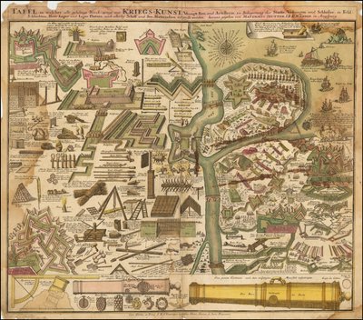 Mapa alegórico de 1720 de Seutter mostrando a arte da guerra, por terra e por mar de Matthäus Seutter