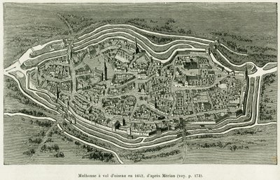 Mulhouse voa em 1642. Gravura de Matthaus Merian (1593-1650) para ilustrar a história A Through Alsace and Lorraine, de Charles Grad, deputado alemão, em 1885, no tour du monde 1886, dirigido por Edouard Charton (1807-1890), Hachette, Paris. de Matthaus the Elder (after) Merian