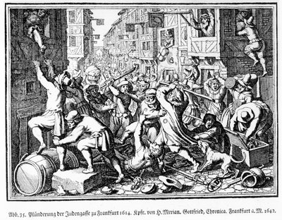 Pilhagem do beco judeu durante os motins de Fettmilch, em Frankfurt, a 22 de agosto de Matthaus the Elder (after) Merian