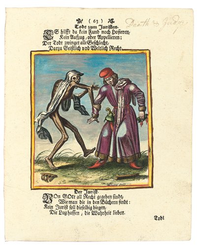 Death and the Lawyer, c.1700-1725 (gravura colorida à mão) de Matthaus the Elder Merian