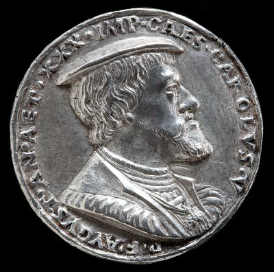 Carlos V, 1500-1558, Rei de Espanha 1516-1556, Santo Imperador Romano 1519 [obverso], 1530. de Matthes Gebel