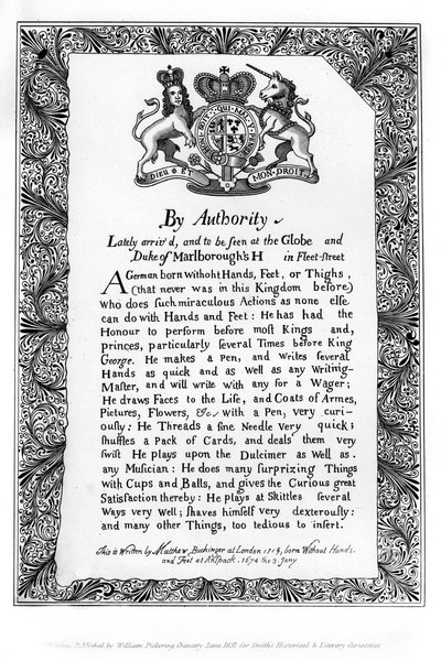 Projeto caligráfico de Matthew Buchinger, anão de Nurnburg, 1717, 1840 de Matthew Buchinger