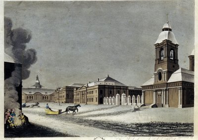 O Arsenal e a Fundição do Canhão em Petersburgo. (O Arsenal e a Fundição do Canhão em Petersburgo). Descrição do edifício em pleno Inverno, com trenós a deslizar sobre a neve e um grupo de pessoas a aquecerem-se à volta de uma fogueira. Trabalho por de Matthew Dubourg