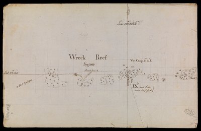 Carta grosseiramente esboçada do "Recife dos Naufrágios", 1803, de uma coleção de memorandos técnicos e correspondência do Almirantado de Matthew Flinders
