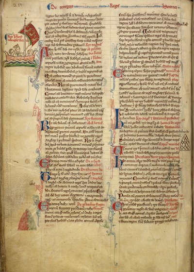 Real 14 C. VII, f.116v Desenho Marginal do Rei Henrique III navegando pelo Canal da Mancha até à Bretanha, com parte do texto de acompanhamento na própria mão do autor, ilustração de 