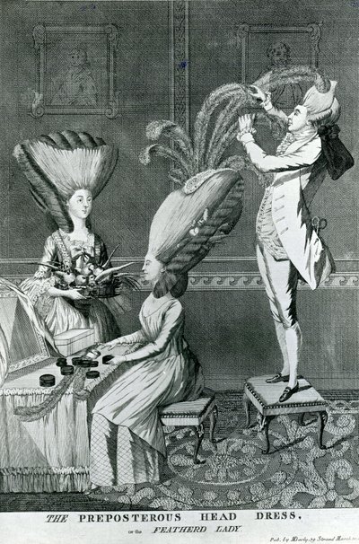 O vestido da cabeça de Preposterous, ou o Featherd Lady, 1776 de Matthew or Matthias Darly