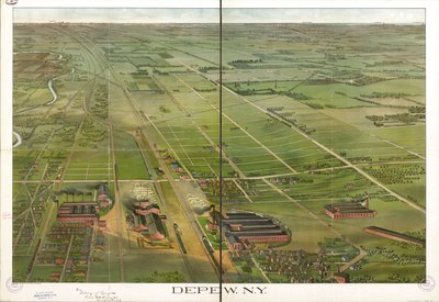 Vista aérea. Orientada com o norte para a direita. LC Mapas Panorâmicos (2ª ed.), 555.1 Disponível também através do website da Biblioteca do Congresso como imagem raster. Cópia da LC anotada a tinta. Estampado: Elogia Depew Improvement Co.; S. Jay Ohart,  de Matthews Northrup Company