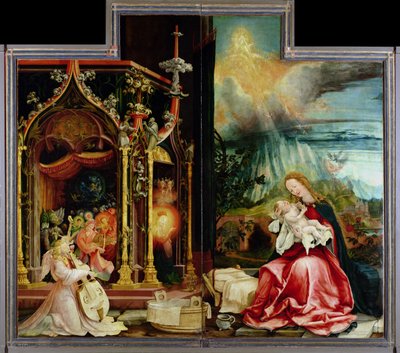 Natividade e concerto de anjos do Altar de Isenheim, painel central (óleo sobre painel) de Matthias (c.1480 1528) Grunewald