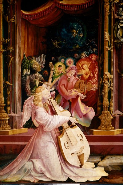 Altarpiece of Issenheim (ou Isenheim): "La Nativite" Detalhe do concerto dos músicos Anjos. O anjo do centro toca a viola gamba. Painéis de Mathis Neithardt Gothardt dit Matthias Grunewald (1480-1528) (ec.all.) 1512-1516 Dim. 265x304 cm Col de Matthias (c.1480 1528) Grunewald