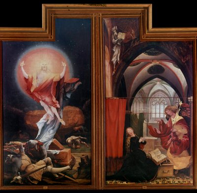 Altarpiece of Issenheim (ou Isenheim): "A Ressurreição" Painéis "A Anunciação" de Mathis Neithardt Gothardt dit Matthias Grunewald (1480-1528) (ec.all.) 1512-1516 Colmar, Musee Unterlinden de Matthias (c.1480 1528) Grunewald