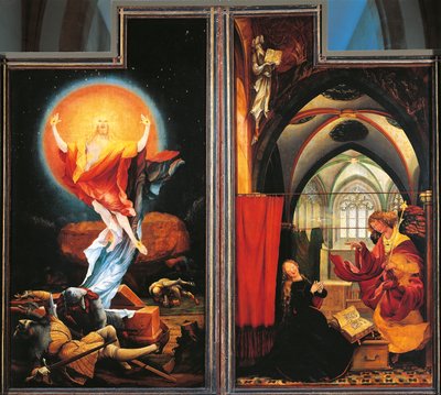 A Anunciação e Ressurreição de Cristo, detalhe do Altar de Isenheim, c.1512-16 (óleo sobre painel) de Matthias (c.1480 1528) Grunewald