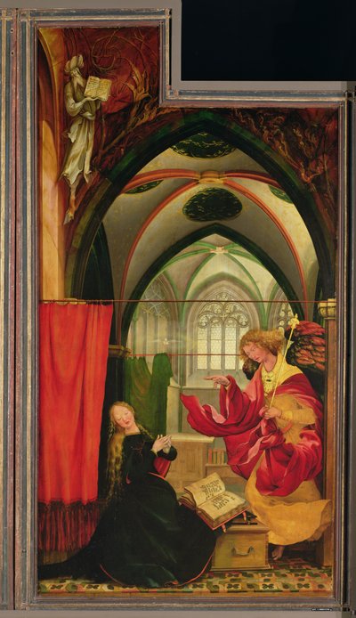 A Anunciação do Altar de Isenheim, asa esquerda, c.1512-16 (óleo sobre painel) de Matthias (c.1480 1528) Grunewald