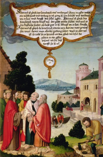O Reino do Céu é como uma rede, que foi lançada ao mar e coletou peixes de todo tipo (Mateus 13) ilustração do ensinamento de Cristo, seção do painel da ala do Retábulo de Mompelgarter de Matthias Gerung or Gerou