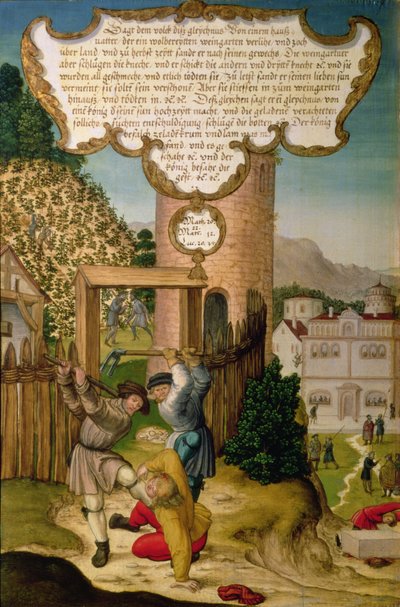 Os vinhateiros matando o herdeiro do proprietário da vinha, ilustrando o ensinamento de Cristo "A pedra que os construtores rejeitaram é a pedra principal do canto", secção do painel da asa do Altar de Mompelgarter (painel) (ver também 72465-79) de Matthias Gerung or Gerou
