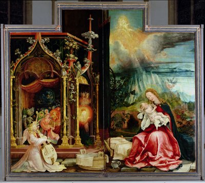 O Retábulo de Isenheim. Painel central: Concerto de Anjos e Natividade, 1506-1515 de Matthias Grünewald
