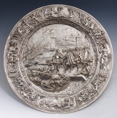 Placa de prata representando a partida de Cristóvão Colombo (prata fundida, gravada e cinzelada) de Matthias Melijn
