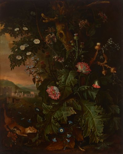Um chão de floresta com uma doninha, um rato, uma papoila do ópio e um cardo, com edifícios clássicos para lá de Matthias Withoos