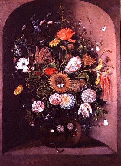 Flores mistas numa tigela de vidro num nicho com um Lagarto e um Rato de Matthias Withoos