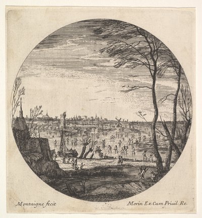 Paisagem de inverno com figuras patinando em um corpo de água congelada em um composto redondo..., ca. 1625-60. de Matthijs van Plattenberg