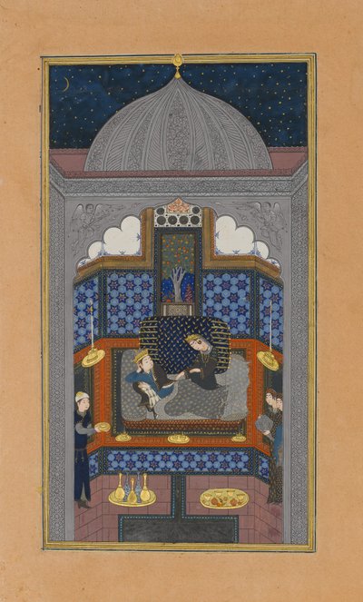 Bahram Gur e a princesa indiana no Palácio Negro no sábado, Folio 23v..., ca. 1430. de Maulana Azhar