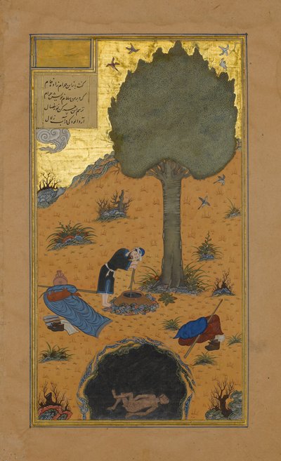 Como um Braggart foi afogado num Poço, Folio 33v de um Haft Paikar..., ca. 1430. de Maulana Azhar