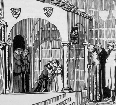 Rei francês Saint Louis (Louis IX 1214-1270) como peregrino em visita a Saint Frere Gilles em Perugia, gravada por Jacques Beltrand após desenho de Maurice Denis de Maurice (after) Denis