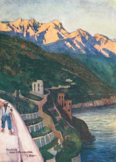 Minori ao pôr do sol (litografia a cores) de Maurice (after) Greiffenhagen
