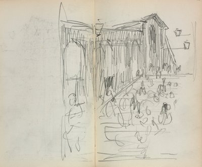 Caderno de desenho italiano: Ponte com figuras, páginas 95 e 96, 1898-1899. de Maurice Brazil Prendergast