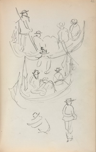 Caderno de desenho italiano: Duas gôndolas com figuras, 1898-1899. de Maurice Brazil Prendergast