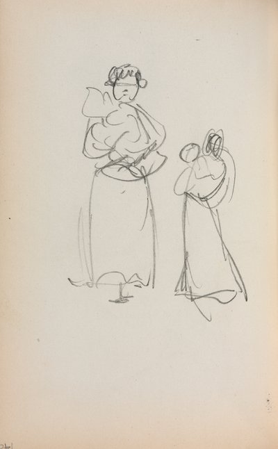 Caderno de desenho italiano: Duas mulheres em pé segurando bebês, página 140, 1898-1899. de Maurice Brazil Prendergast