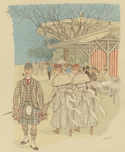 Um escocês em trajes tradicionais das Highlands entre o povo de Cannes, França (cor litho) de Maurice Charles Mathieu Bonvoisin