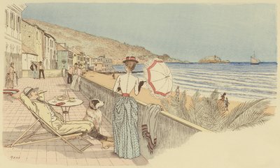 Um casal em lua-de-mel relaxando junto ao mar na ilha de Gallinara, Itália. (cor litho) de Maurice Charles Mathieu Bonvoisin