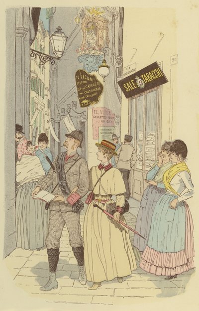 Um homem e sua esposa andando pelos becos da velha cidade de Gênova. (cor litho) de Maurice Charles Mathieu Bonvoisin