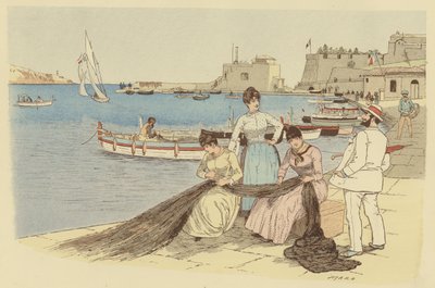 Um homem conversando com um grupo de mulheres remendando redes de pesca na cidade de Villefranche, França (cor litho) de Maurice Charles Mathieu Bonvoisin