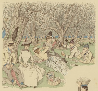 Um piquenique sob as oliveiras em Beaulieu, no sul da França (cor litho) de Maurice Charles Mathieu Bonvoisin