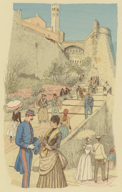 Pessoas a caminhar na Grande Escadaria do Palácio Real, no Mónaco. (cor litho) de Maurice Charles Mathieu Bonvoisin