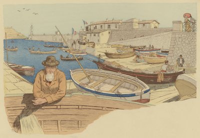 Barqueiro típico do porto de Nice, França (cor litho) de Maurice Charles Mathieu Bonvoisin