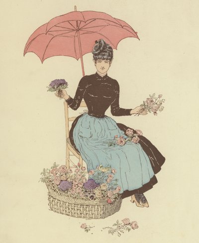Mulher sentada debaixo de um guarda-chuva vendendo flores (cor litho) de Maurice Charles Mathieu Bonvoisin