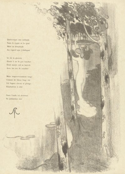 Ilustração com uma mulher nua em pé entre árvores à beira de um lago com o poema Petit Air de Stéphane Mallarmé Ilustração para o soneto Petit Air de Stéphane Mallarmé L