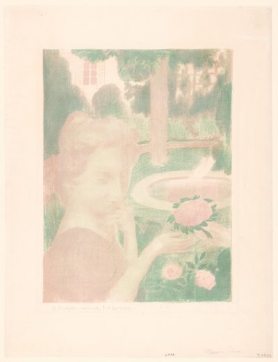 Jovem mulher recebe ramo de flores num jardim
Le bouquet matinal, les larmes... (título sobre o objecto)
Representações de amor (título da série)
Amour (título da série) de Maurice Denis