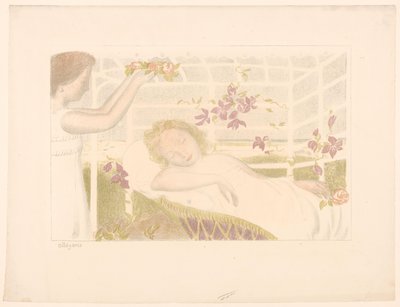 Garota adormecida recebe coroa de flores Alegoria (título no objeto) Representações de amor (título da série) Amour (título da série) de Maurice Denis