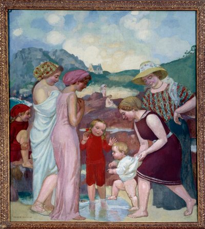 Os primeiros passos. Um rapazinho dá os seus primeiros passos à frente da mãe e da família. de Maurice Denis