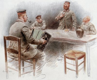 Prisioneiros a tocar acordeão e a cantar no campo de prisioneiros de Dinan de Maurice Henri Orange