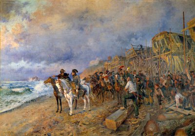 O Primeiro Cônsul Napoleão Bonaparte (1769-1821) visita o arsenal de Pintura Boulogne de Maurice Orange (1868-1916) 1804 (Sol: 214x304 cm) Paris, Musee de l