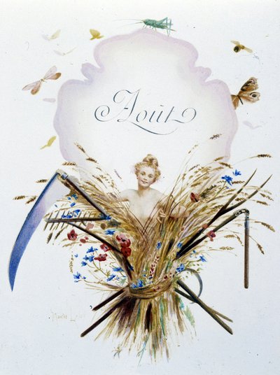 Agosto "La Chanson du mois" de Jérôme Doucet, ilustração - Maurice Leloir, ed. Reims 1904. L. Michaud de Maurice Leloir