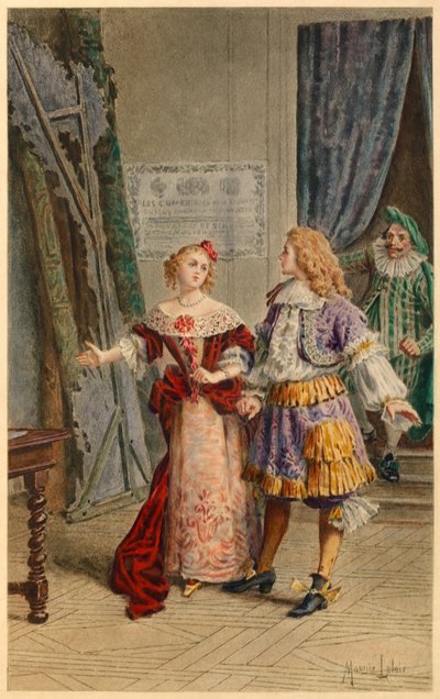 Nos bastidores de Scapin, Armande, Baron e Moliere (ilustração) de Maurice Leloir