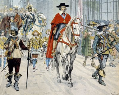 Cardeal Richelieu cavalgando nas ruas de Paris de Maurice Leloir